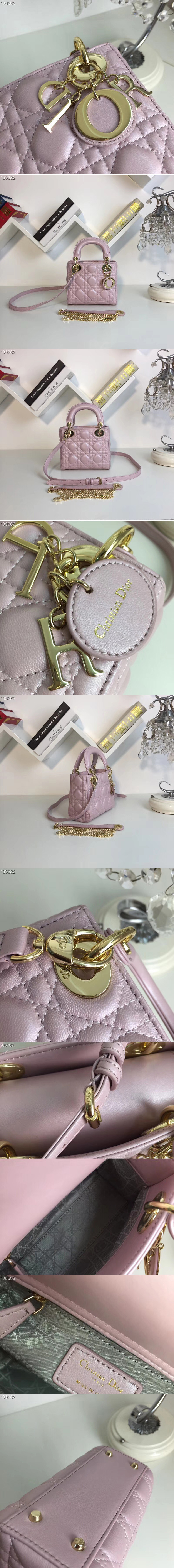 Replica Mini Lady Dior bags With Chain in Light Pink Pearly Cannage lambskin Leather