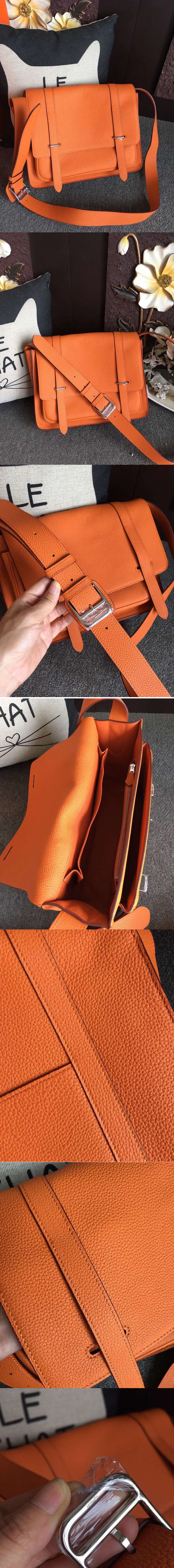 Replica Mens Hermes Steve 32cm Messenger Bags Oiriginal Orange Togo Leather 