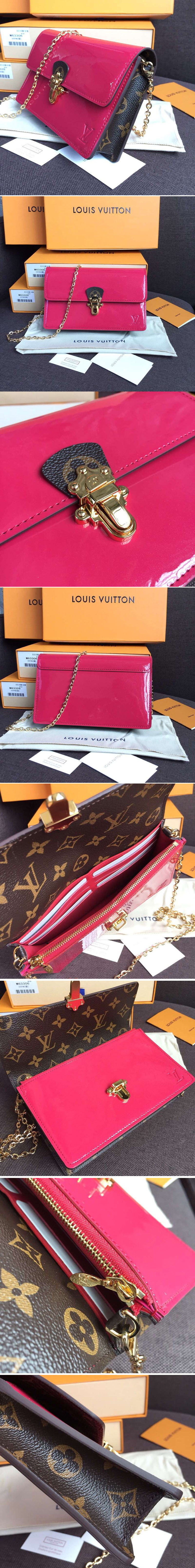 Replica Louis Vuitton M63305 Cherrywood Chain Wallet Bags Rosy Patent calf leather with Monogram canvas