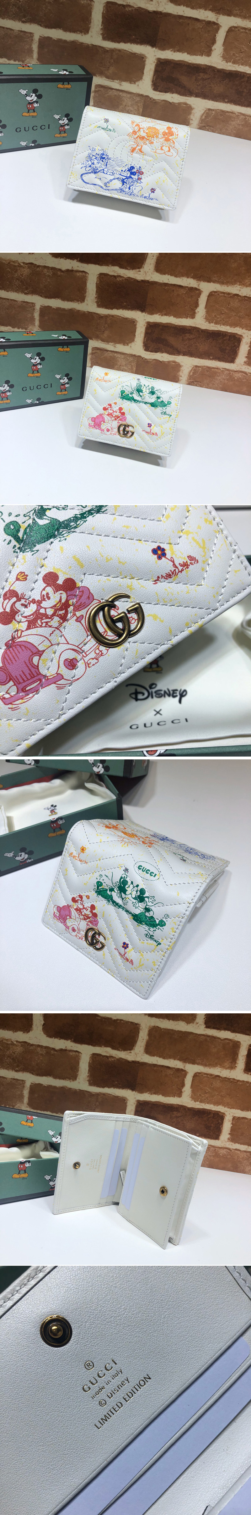 Replica Gucci 616768 Online Exclusive Disney x Gucci GG Marmont card case wallet in White Leather