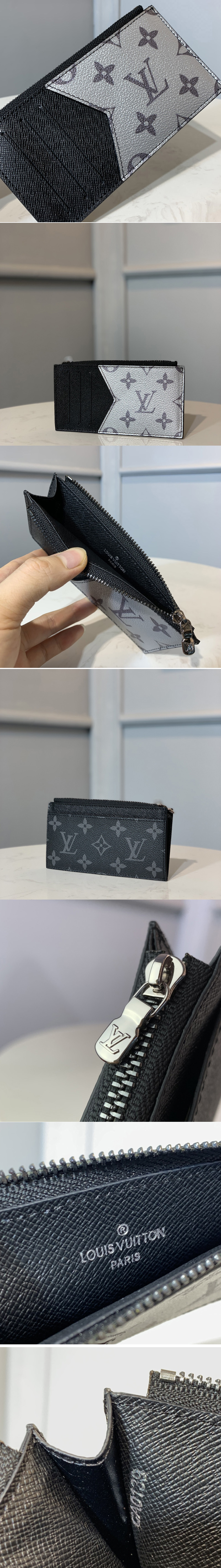 Replica Louis Vuitton M64038 LV Coin Card Holder in Silver Monogram Eclipse Canvas