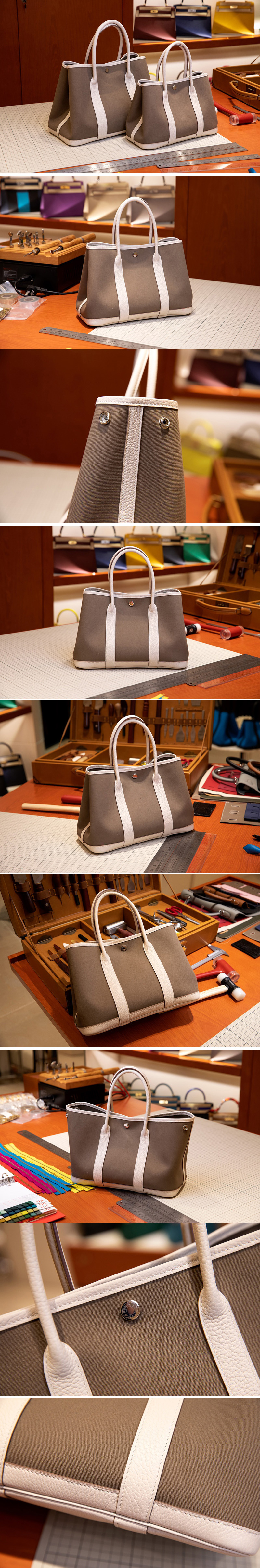 Replica Hermes Garden Party 30 bag in Grey/White Canvas and Leather