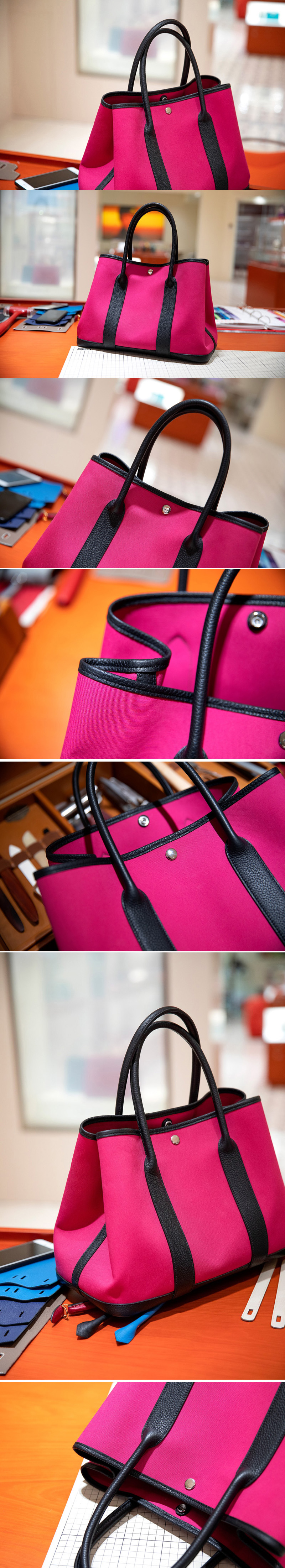 Replica Hermes Garden Party 30 bag in Pink/Black Canvas and Leather