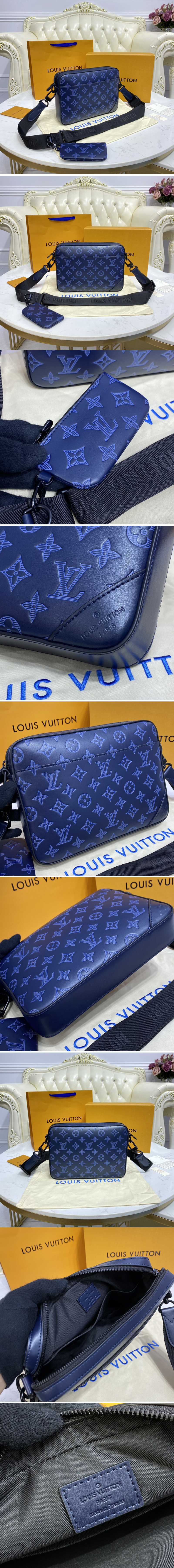 Replica Louis Vuitton M45730 LV Duo Messenger bag in navy blue Monogram Shadow leather