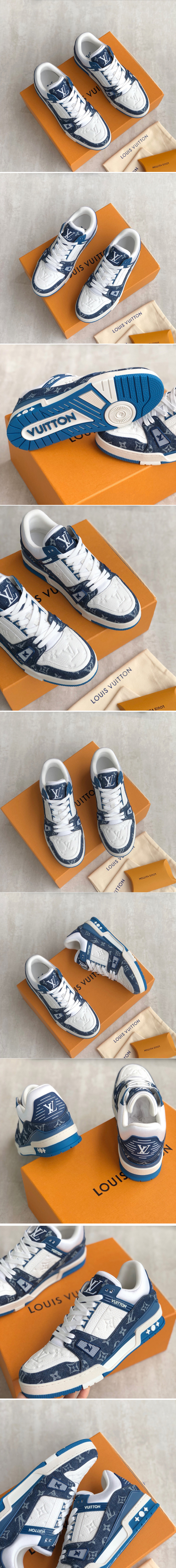 Replica Louis Vuitton 1A9JGR LV Trainer sneaker on Blue Monogram denim and Monogram-embossed grained calf leather