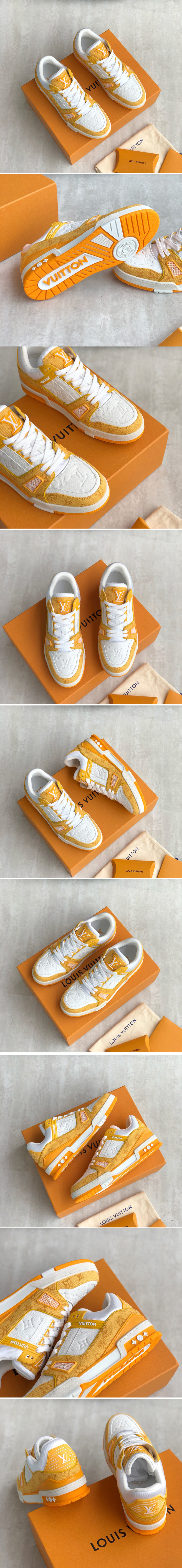 Replica Louis Vuitton 1A9JHB LV Trainer sneaker on Yellow Monogram denim and Monogram-embossed grained calf leather