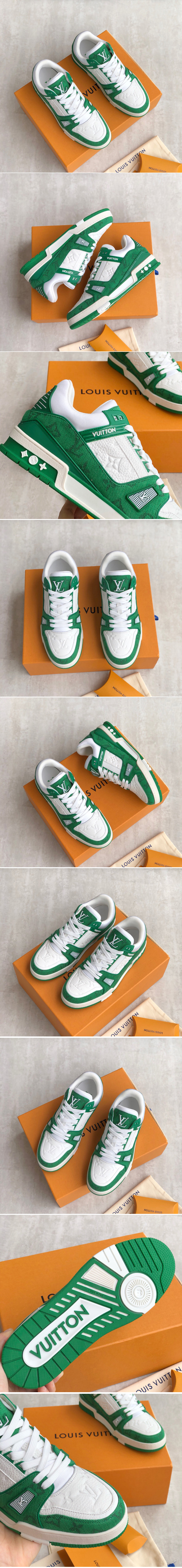 Replica Louis Vuitton 1A9JHV LV Trainer sneaker on Green Monogram denim and Monogram-embossed grained calf leather