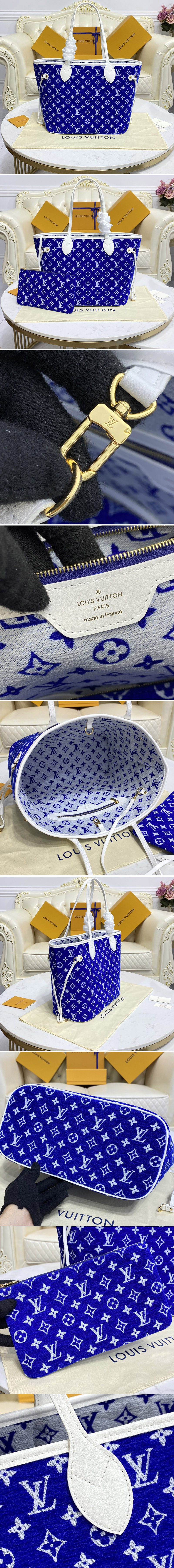 Replica Louis Vuitton M46220 LV Neverfull MM tote Bag in Blue Monogram velvet jacquard