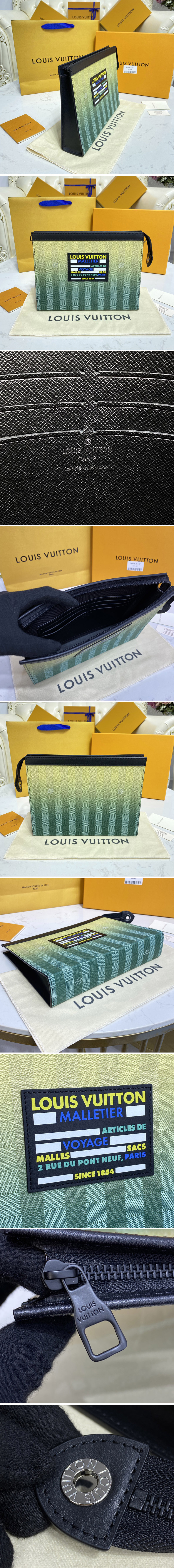 Replica Louis Vuitton M81317 LV Pochette Voyage Pouch in green Damier Stripes canvas