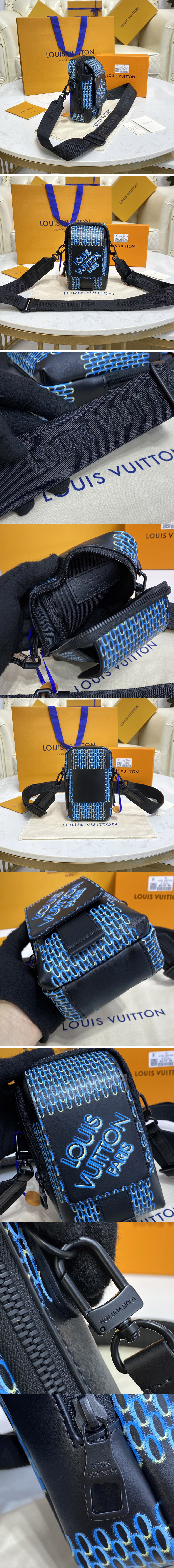 Replica Louis Vuitton M81005 LV Flap Double Phone Pouch in Black Damier Spray cowhide leather