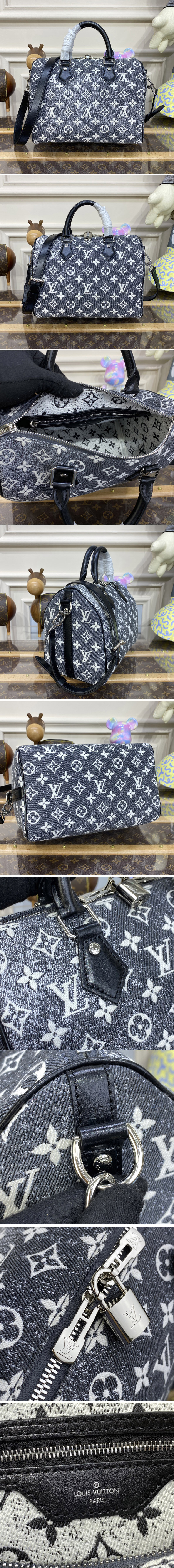 Replica Louis Vuitton M21464 LV Speedy Bandouliere 25 handbag in Gray Denim textile jacquard