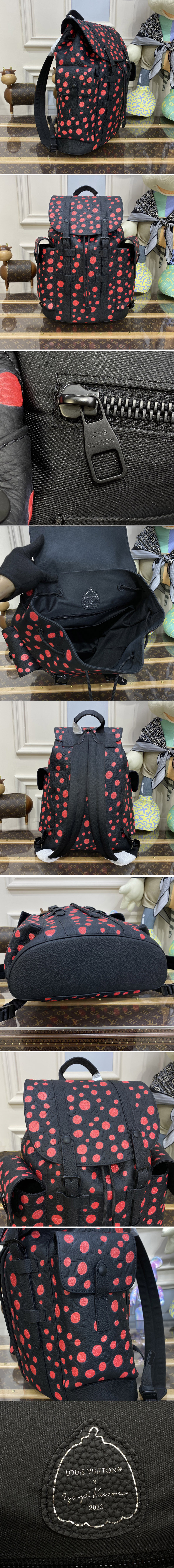 Replica Louis Vuitton M21978 LVxYK Christopher backpack in Black and red Taurillon Monogram cowhide with Infinity Dots print