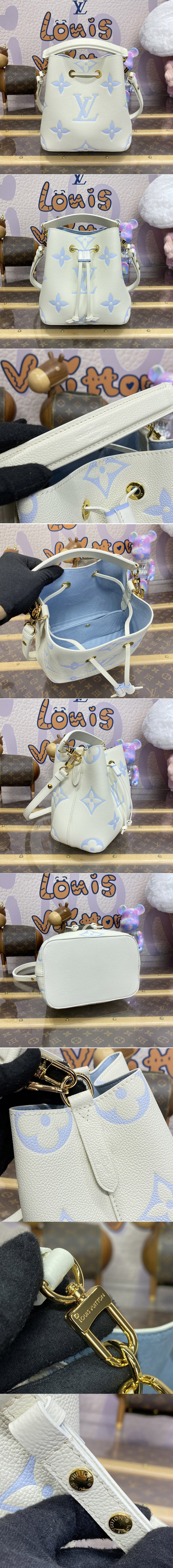 Replica Louis Vuitton M24048 LV Neonoe BB bucket bag in White/Blue Monogram Empreinte leather