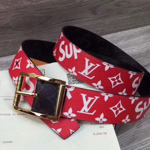 Replica Louis Vuitton Supreme x Red Monogram LV Reversible Belt Gold Buckle