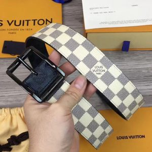 Replica Louis Vuitton M0040Q LV Reverso 40mm Reversible Mens Belt Damier Azur And Damier Graphite Canvas Black Buckle