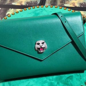 Replica Gucci 527857 Feline Head With Crystals Medium Shoulder Bag Green Leather