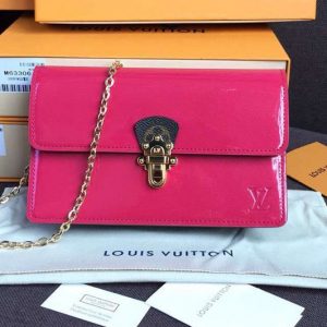 Replica Louis Vuitton M63305 Cherrywood Chain Wallet Bags Rosy Patent calf leather with Monogram canvas