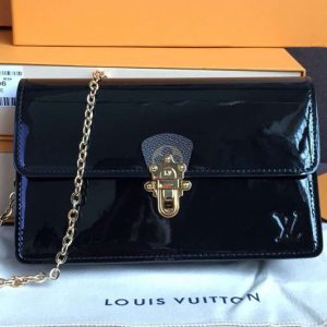 Replica Louis Vuitton M63305 Cherrywood Chain Wallet Bags Black Patent calf leather with Monogram canvas