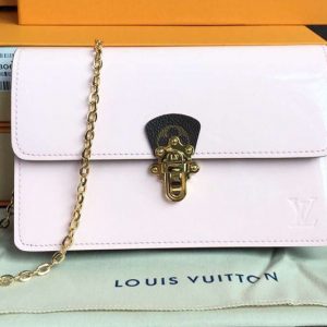 Replica Louis Vuitton M63306 Cherrywood Chain Wallet Bags Rose Ballerine Patent calf leather with Monogram canvas