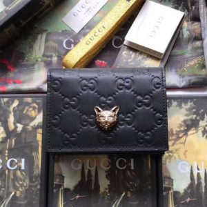 Replica Gucci 548057 Signature card case with cat Black Leather