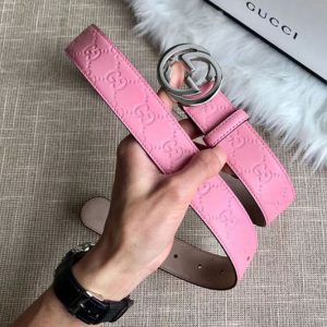 Replica Gucci 409417 35mm Signature leather belt Pink Leather Silver G buckle