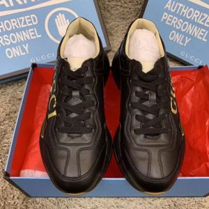 Replica Gucci 500877 Rhyton Gucci logo leather sneaker and Shoes Black