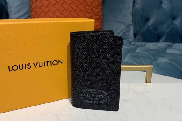 Replica Louis Vuitton M30375 LV Pocket Organizer Wallets Black Taiga leather