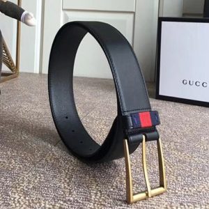 Replica Gucci 474811 4cm Leather belt with Red/Blue Web in Black leather