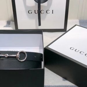 Replica Women's Gucci 230127 Leather belt 2cm Silver Buckle in Black Leather