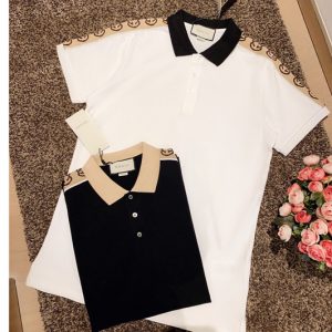 Replica Men Gucci 598949 ‎Polo with Interlocking G stripe in Black/White Cotton