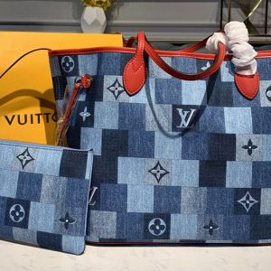 Replica Louis Vuitton M44981 LV Neverfull mm tote bags in Blue/Red Monogram Denim canvas