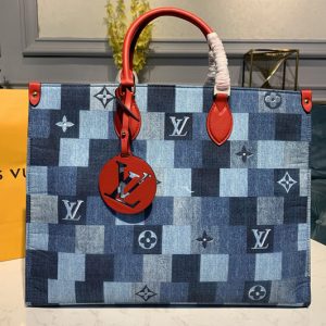 Replica Louis Vuitton M44992 LV Onthego GM tote bag in Blue/Red Monogram Denim canvas