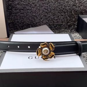 Replica Women's Gucci 370717 GG Marmont 25mm Leather belt with Flower Buckle in Black Leather