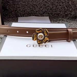 Replica Women's Gucci 370717 GG Marmont 25mm Leather belt with Flower Buckle in Caramel Leather