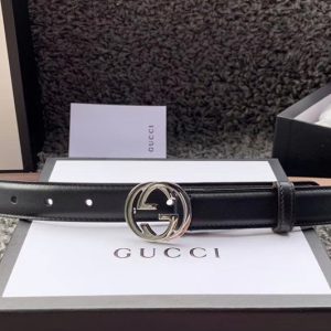 Replica Women's Gucci 370717 25mm Leather belt with Interlocking Silver G buckle in Black Leather