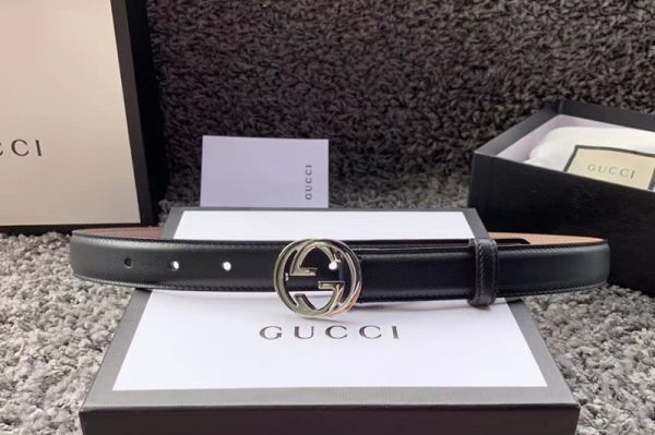 Replica Women's Gucci 370717 25mm Leather belt with Interlocking Silver G buckle in Black Leather