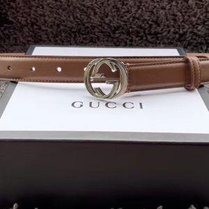 Replica Women's Gucci 370717 25mm Leather belt with Interlocking Silver G buckle in Caramel Leather