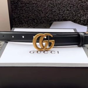 Replica Women's Gucci 370717 25mm Leather belt with Gold Double G buckle in Black Leather