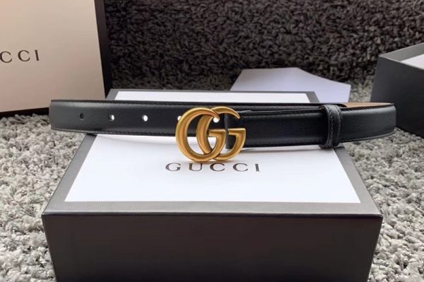 Replica Women's Gucci 370717 25mm Leather belt with Gold Double G buckle in Black Leather