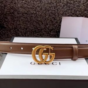 Replica Women's Gucci 370717 25mm Leather belt with Gold Double G buckle in Caramel Leather