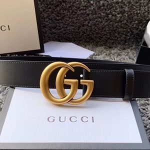 Replica Women's Gucci 400593 40mm Leather belt with Gold Double G buckle in Black Leather