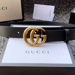 Replica Men's Gucci 414516 35mm Leather belt with Gold Double G buckle in Black Leather