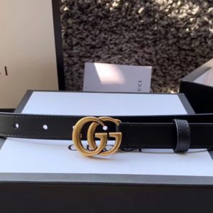 Replica Women's Gucci 409417 20mm Leather belt with Gold Double G buckle in Black Leather