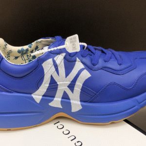 Replica Women and Men Gucci Rhyton Ny Yankees Leather Sneakers in Blue Leather