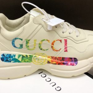 Replica Women and Men Gucci Rhyton leather sneaker with Gucci logo in White Leather