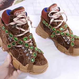 Replica Men/Women's Gucci Flashtrek sneaker with removable crystals Brown Suede