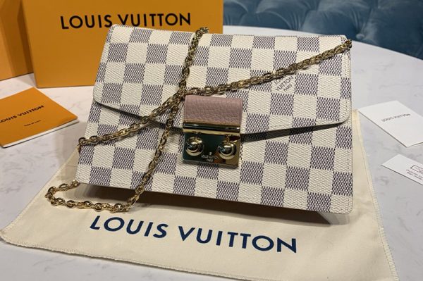 Replica Louis Vuitton N60357 LV Croisette chain wallet in Damier Azur canvas With Pink Leather