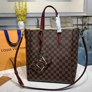 Replica Louis Vuitton N60293 LV Belmont MM Bag in Damier Ebene canvas With Cherry Berry Leather