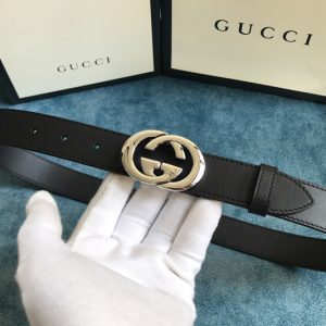 Replica Gucci 574807 30mm Belt with Silver Interlocking G buckle in Black Leather