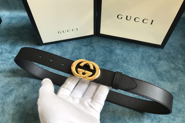 Replica Gucci 574807 30mm Belt with Shiny Gold Interlocking G buckle in Black Leather